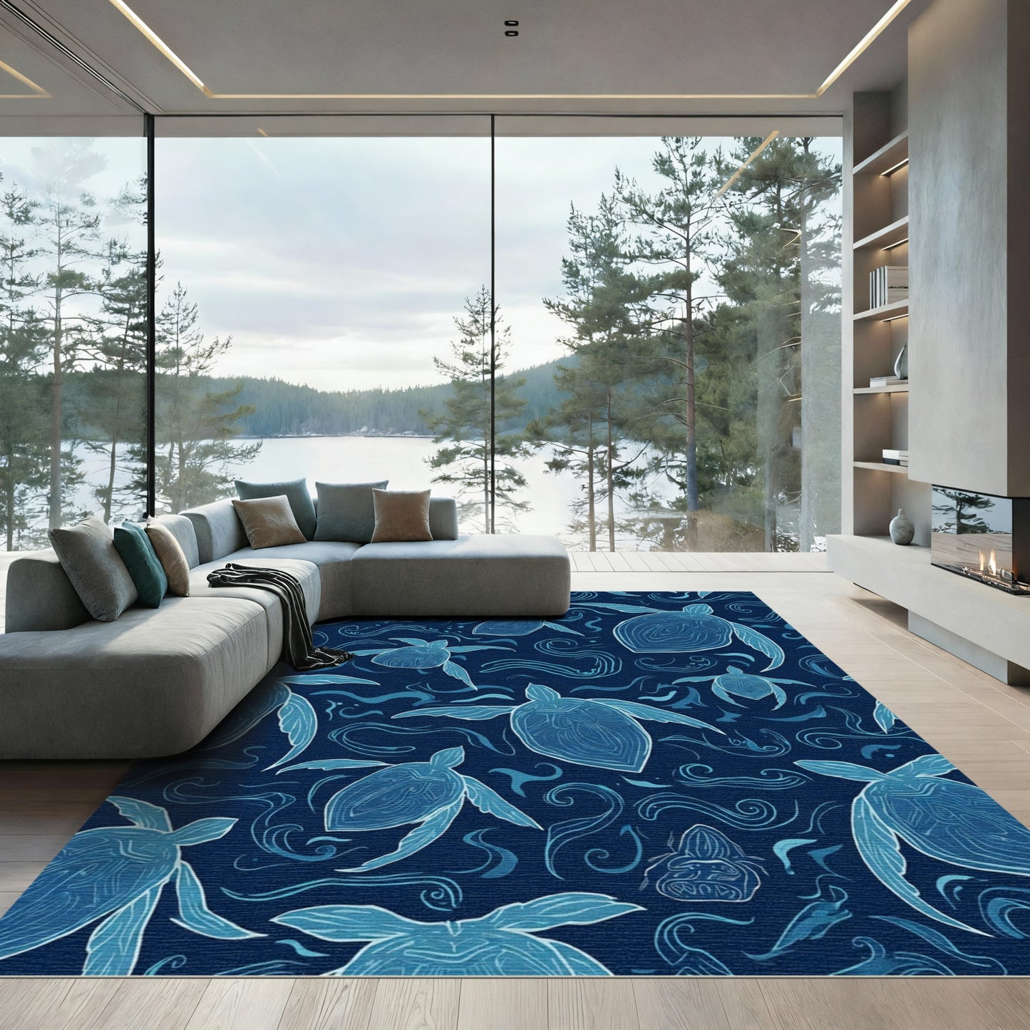 Deep Blue Turtle Swirl Ocean Rug