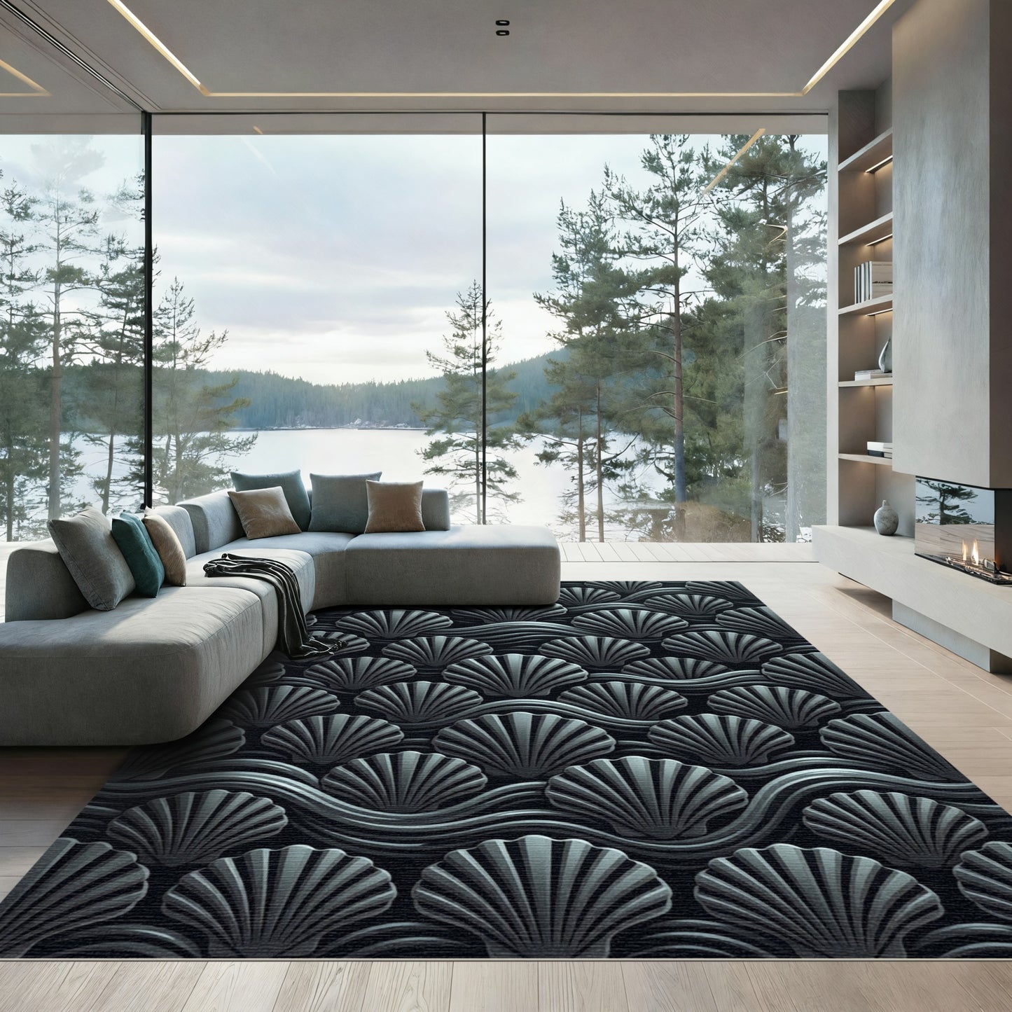 Monochromatic Gray Seashell Wave Pattern Rug
