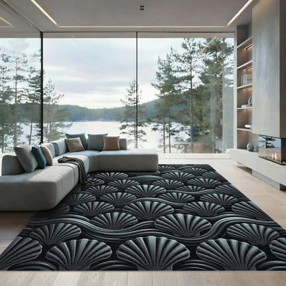 Monochromatic Gray Seashell Wave Pattern Rug