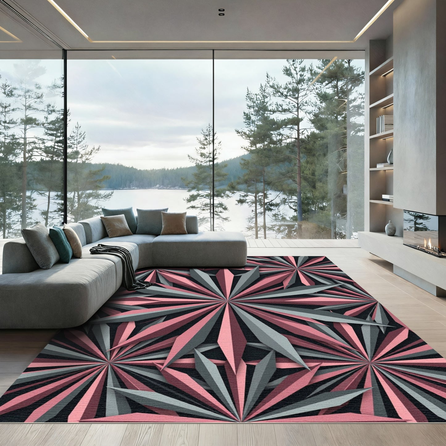 Geometric Pink and Gray Starburst Rug