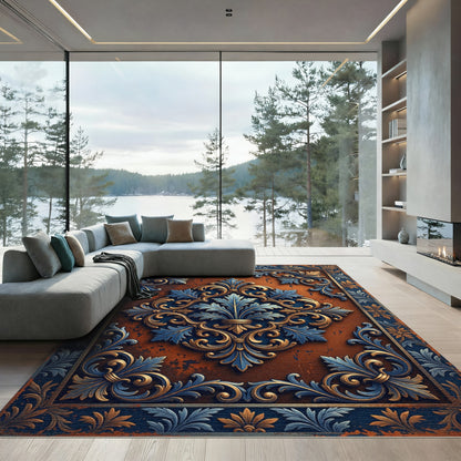 Ornate Blue Gold Fleur De Lis Rampant Rug
