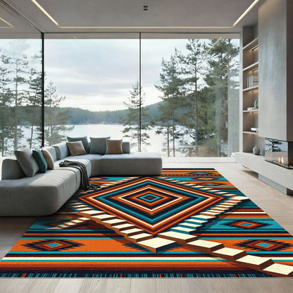 Geometric Step Aztec Diamond Southwestern Art Rug