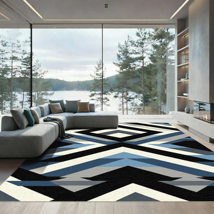 Geometric Blue Cream Black Diamond Stripes Rug