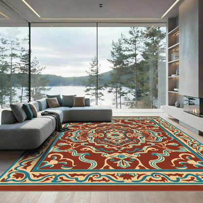 Terracotta Blue Cream Medallion Border Rug