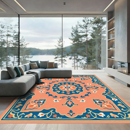 Coral and Navy Floral Garden Medallion Rug