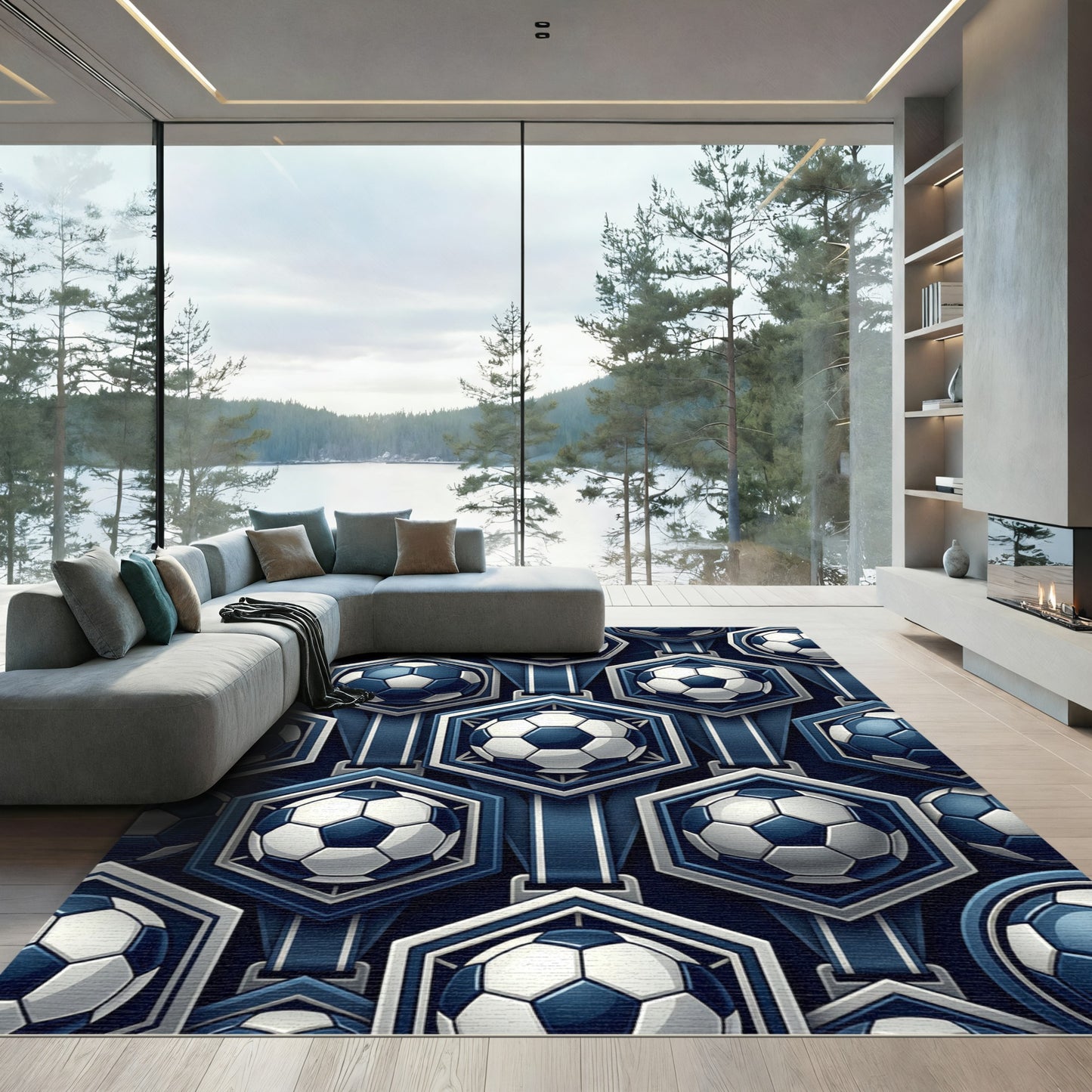 Geometric Navy Blue Soccer Hexagon Rug
