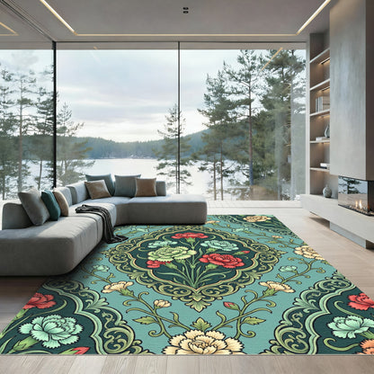 Teal Floral Medallion Garden Accent Rug