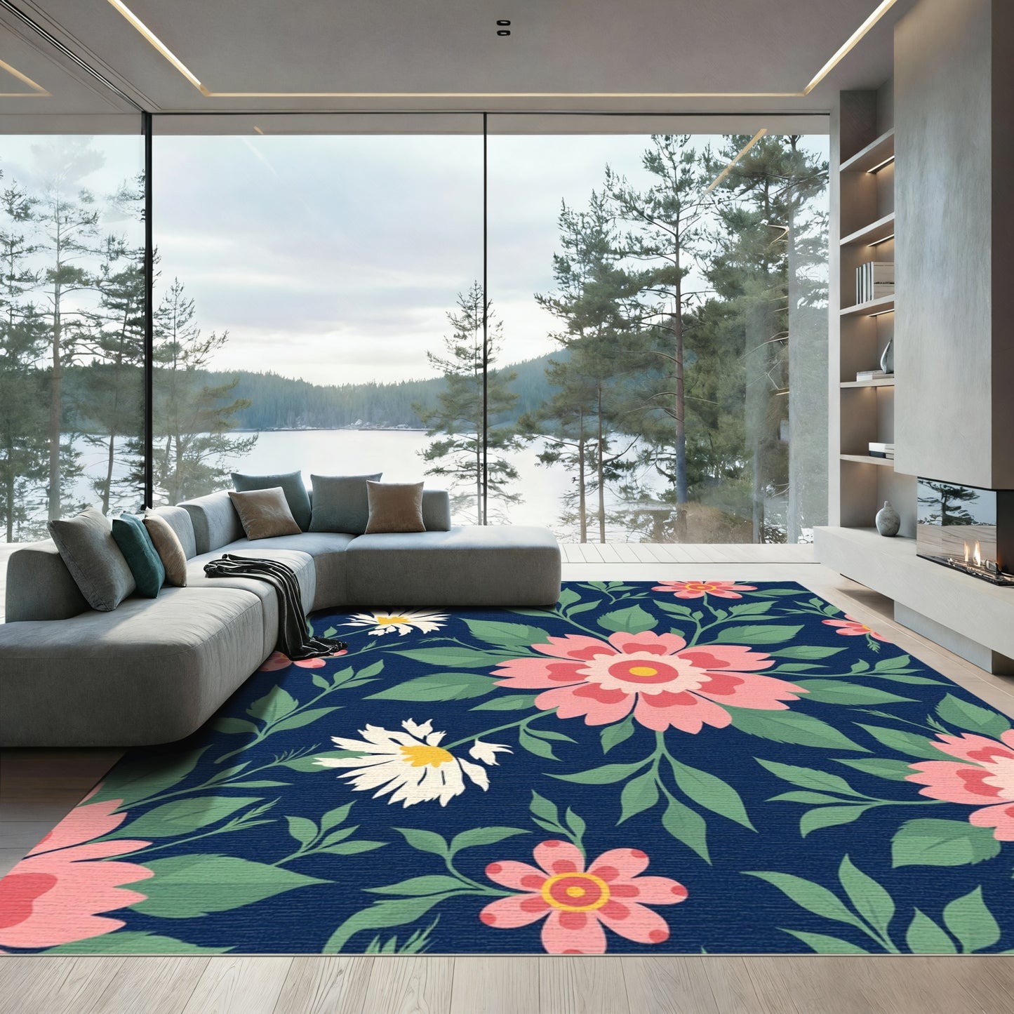 Navy Blue Pink Floral Botanical Garden Rug