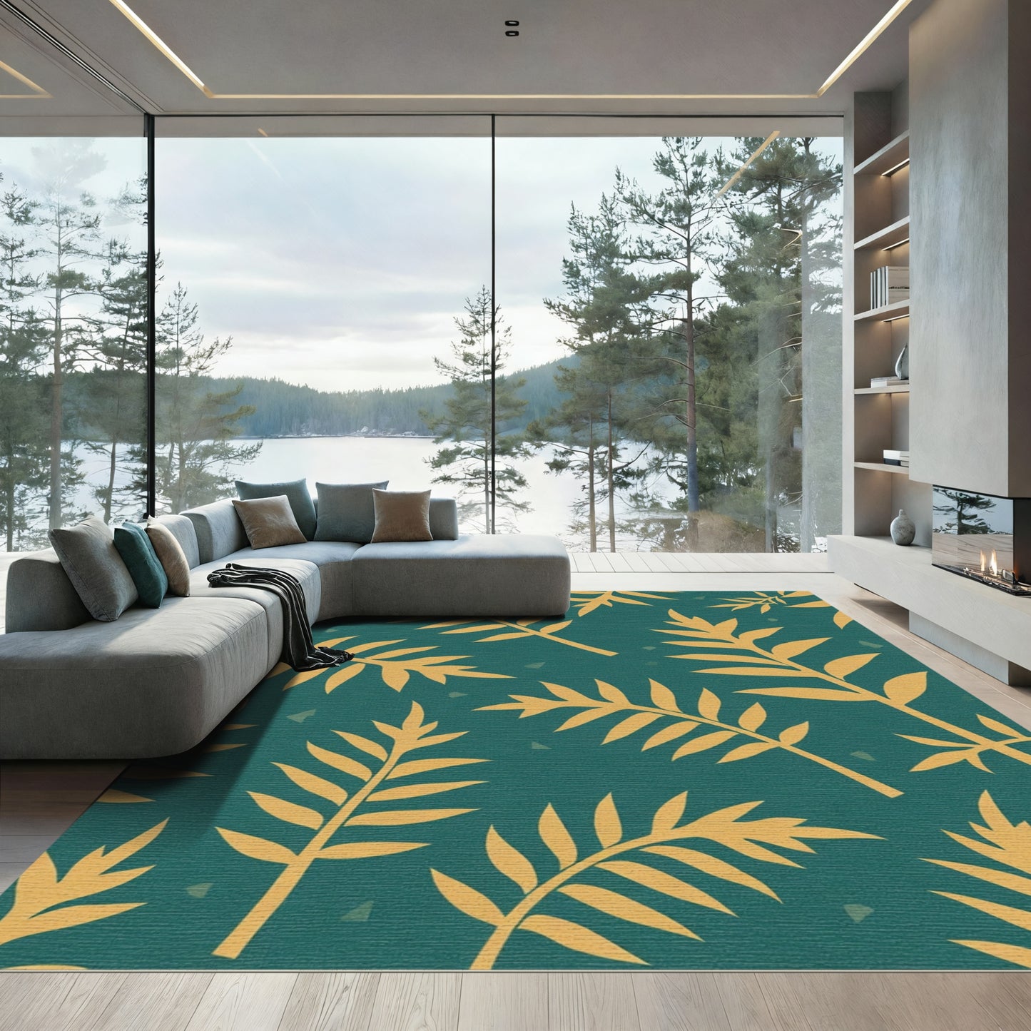 Teal Yellow Fern Leaf Collection Rug