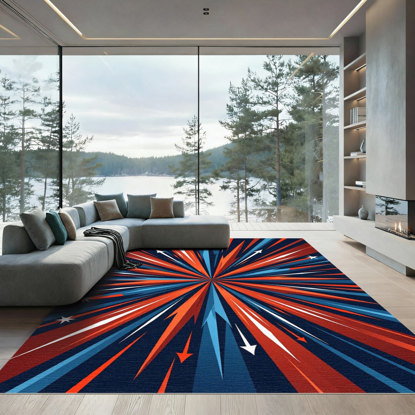 Vibrant Starburst Red White Blue Ray Rug
