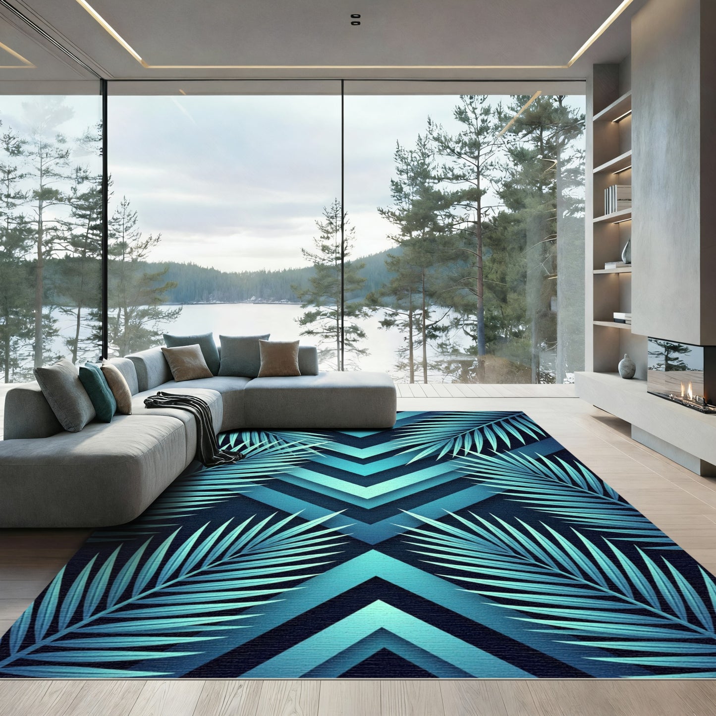 Aqua Tropical Leaf Chevron Rug