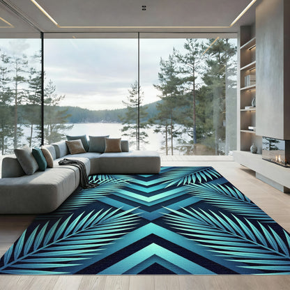 Aqua Tropical Leaf Chevron Rug