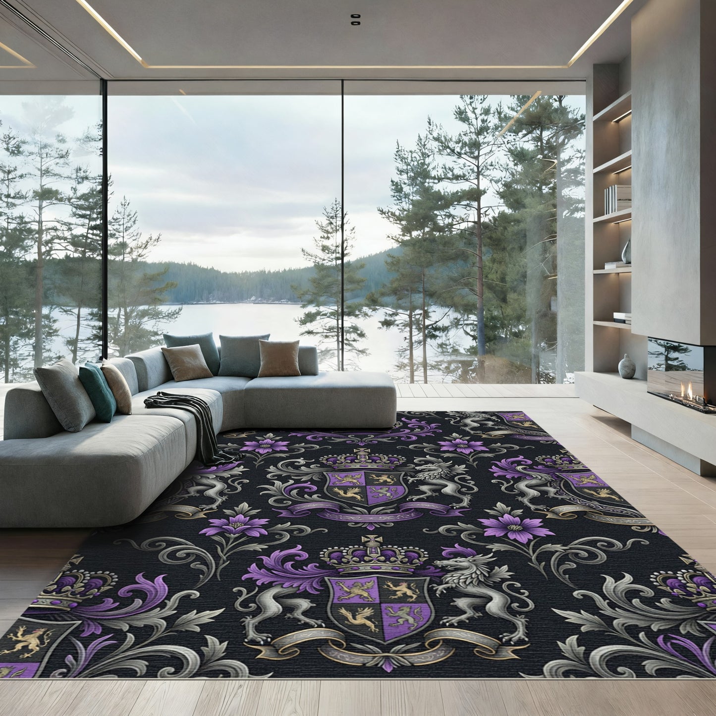 Royal Purple Crest and Griffin Damask Rug