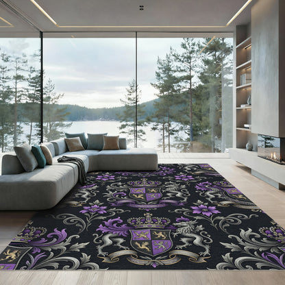 Royal Purple Crest and Griffin Damask Rug