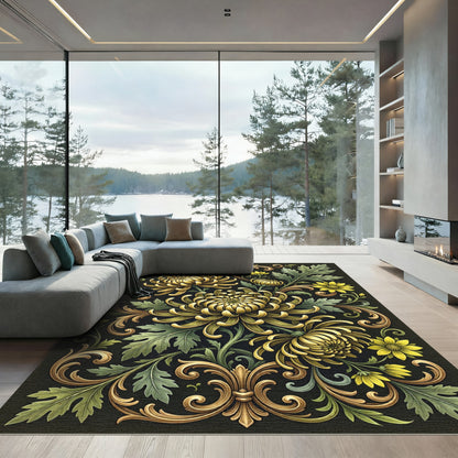 Vintage Golden Chrysanthemum Floral Scroll Rug