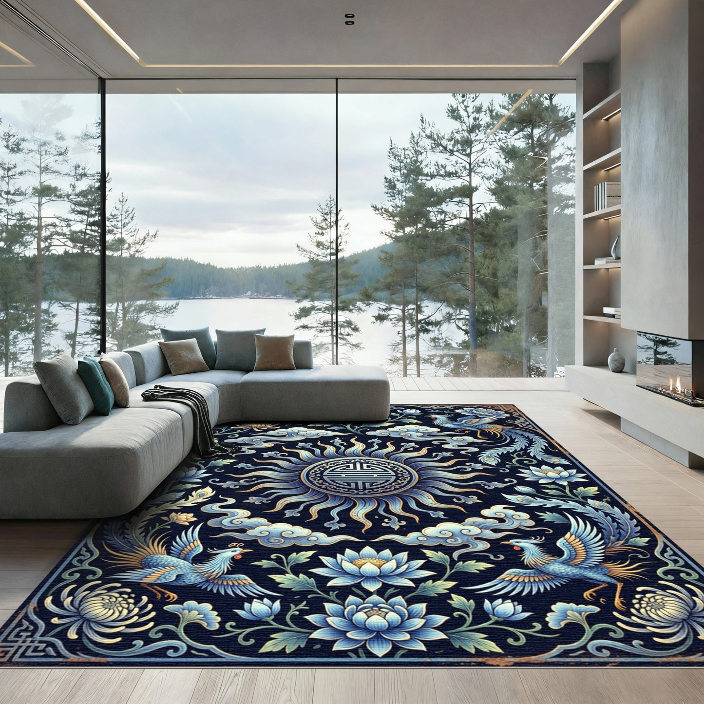 Blue Phoenix and Lotus Floral Medallion Rug