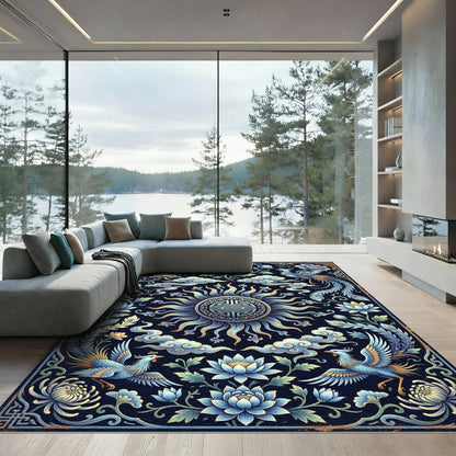 Blue Phoenix and Lotus Floral Medallion Rug