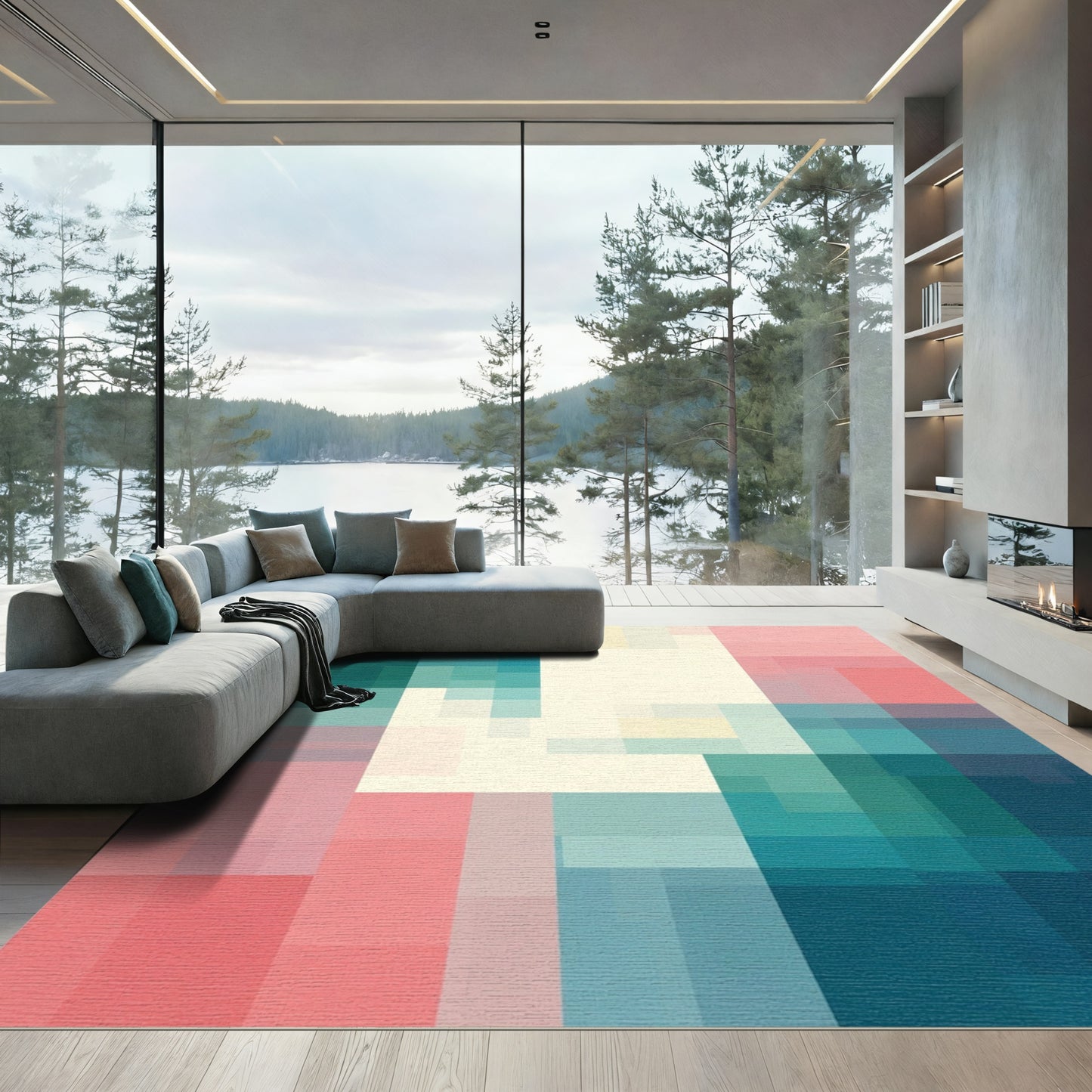 Teal Pink Beige Geometric Blocks Rug
