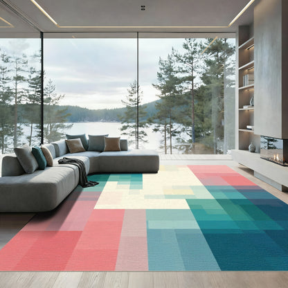 Teal Pink Beige Geometric Blocks Rug
