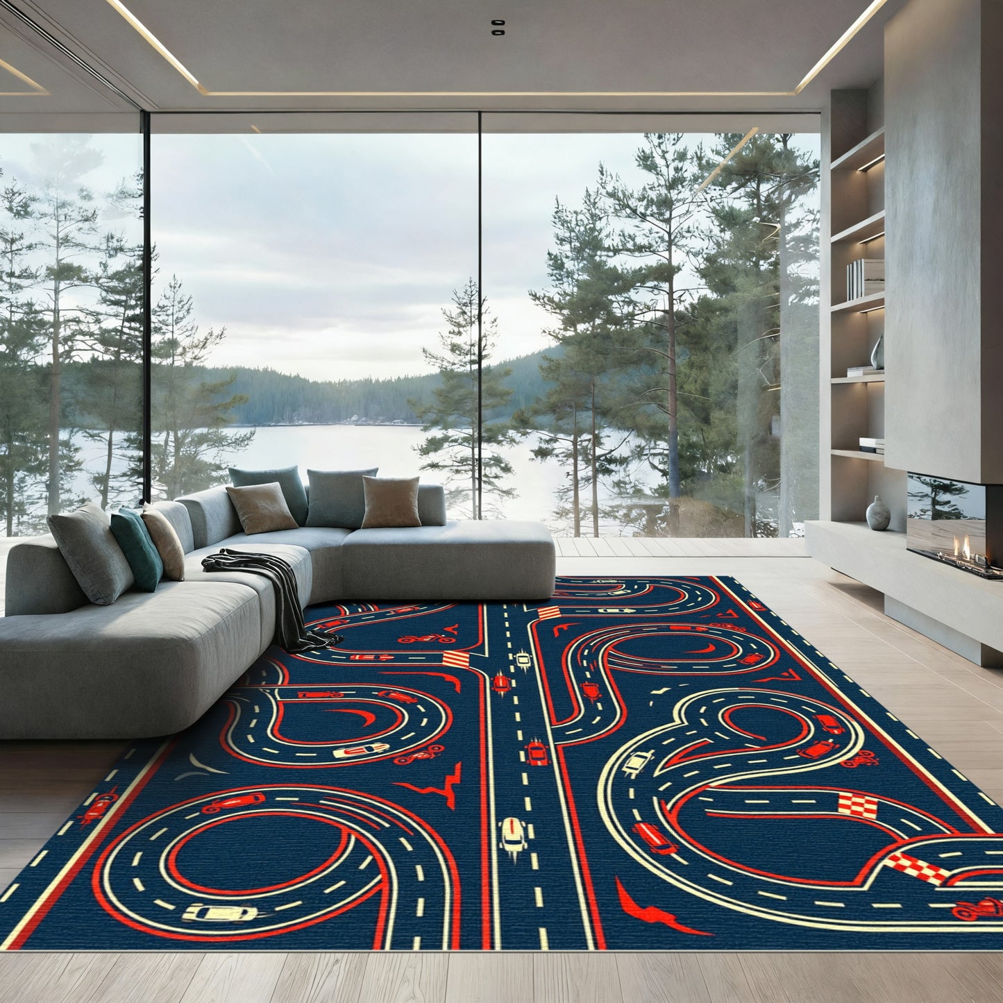 Retro Race Track Red Blue Illustration Rug