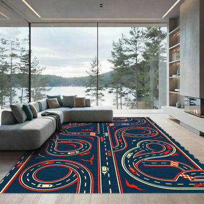 Retro Race Track Red Blue Illustration Rug