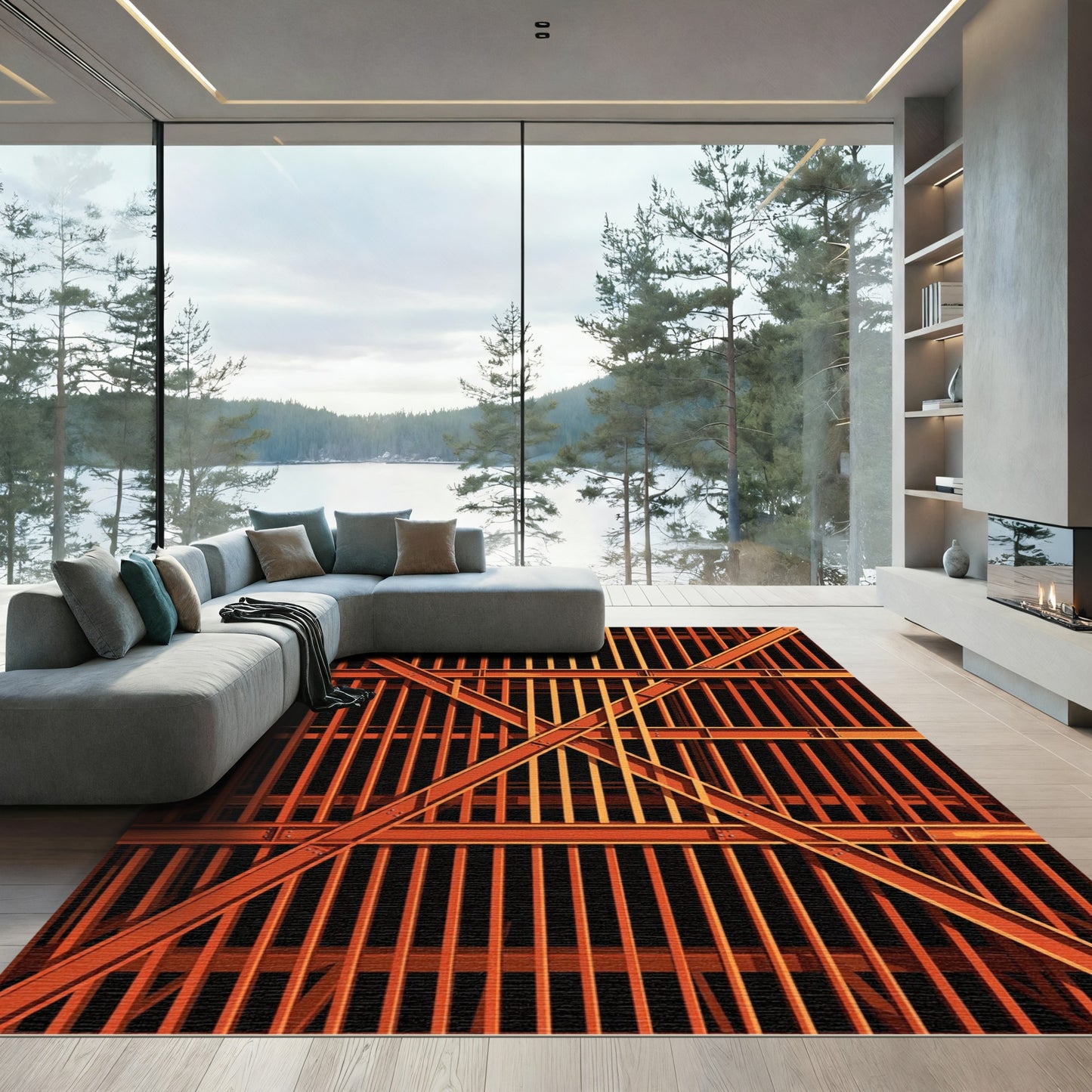Bold Orange Industrial Grid Rug