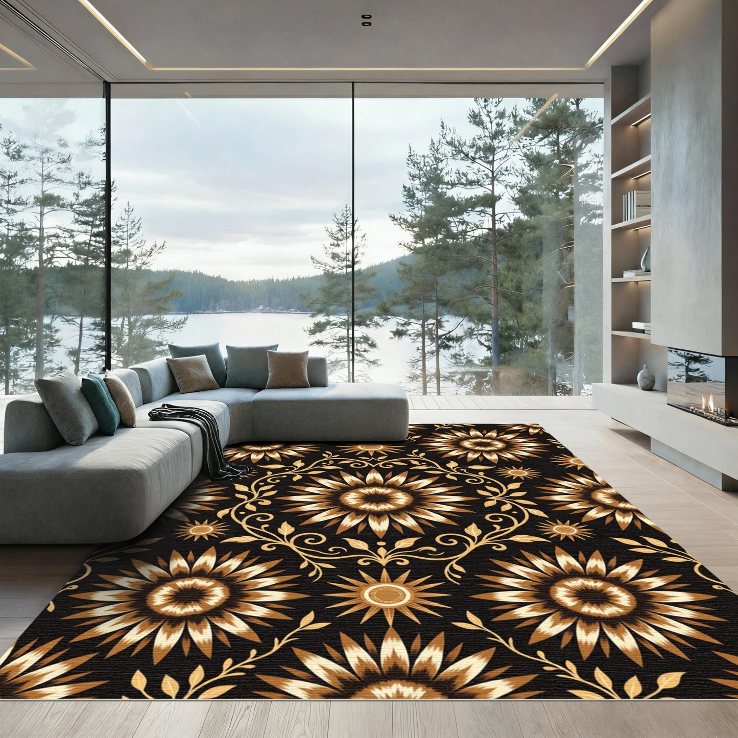 Golden Sunburst Floral Vine Rug