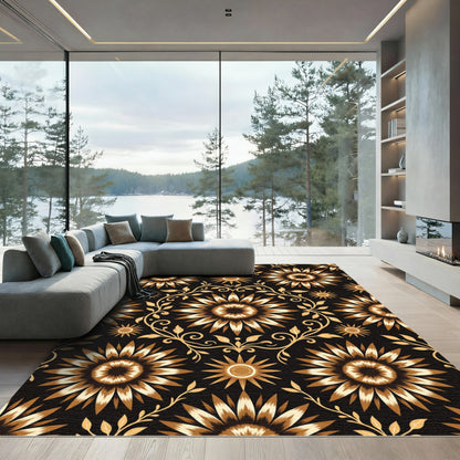 Golden Sunburst Floral Vine Rug