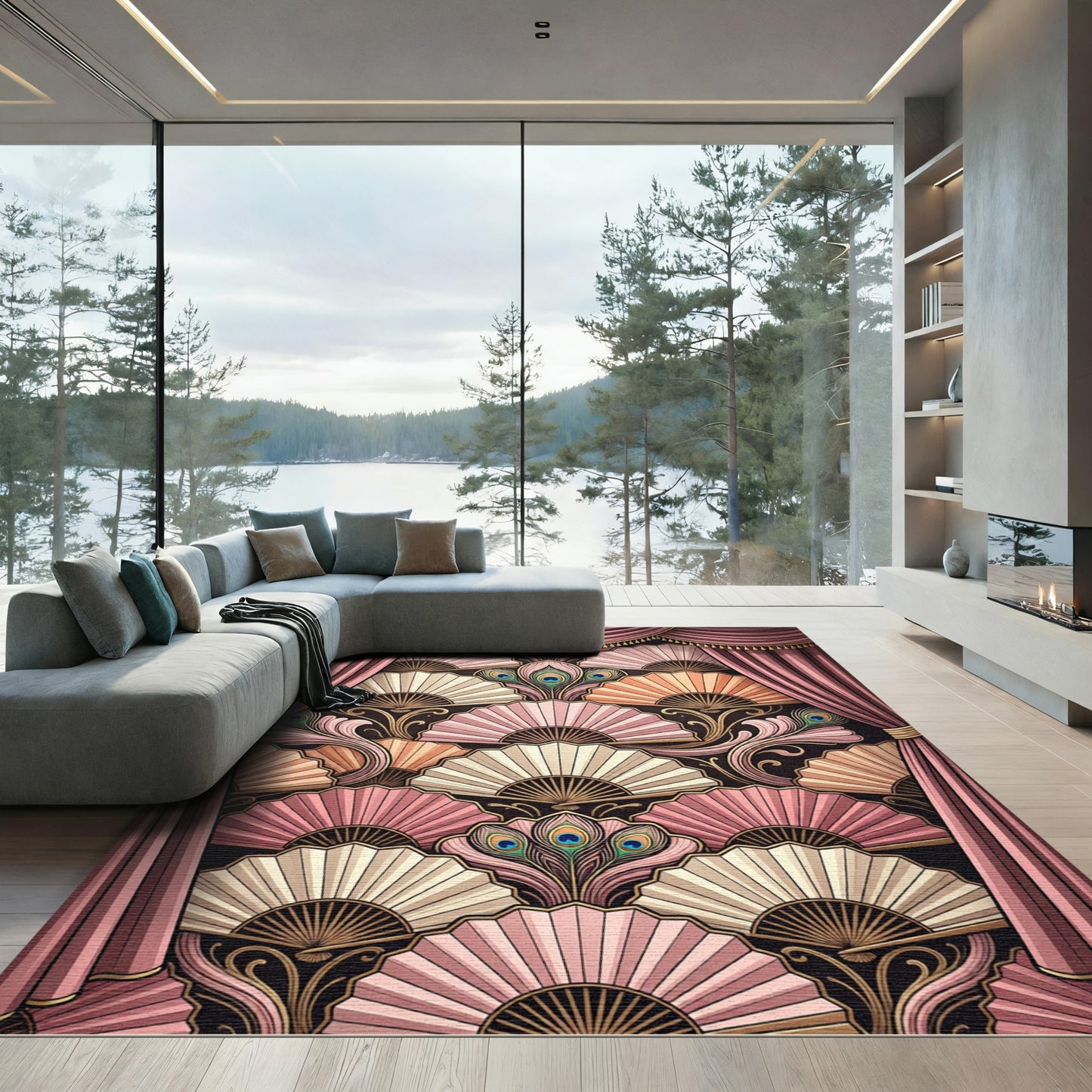 Pink Peach Fan Peacock Feather Radiance Rug