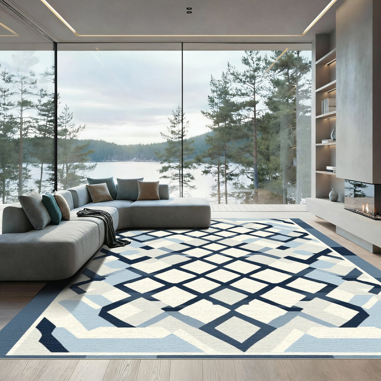 Modern Blue White Geometric Overlay Rug
