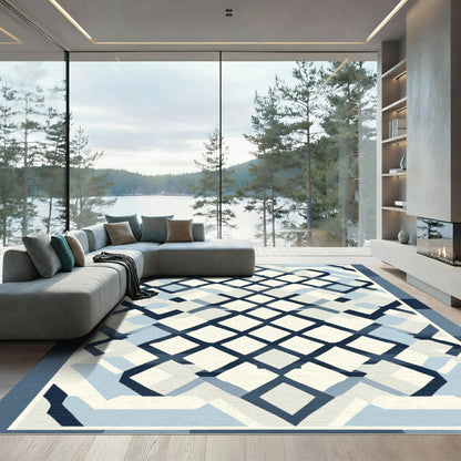 Modern Blue White Geometric Overlay Rug