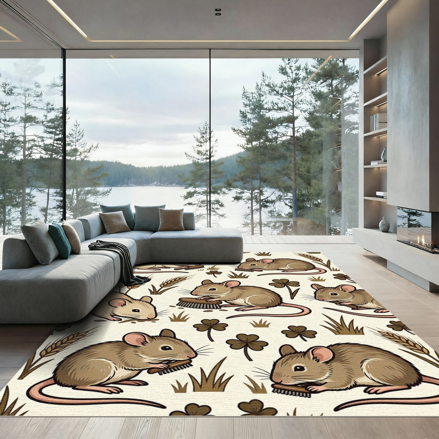 Whimsical Beige Mouse Wheat Clover Illustration Rug