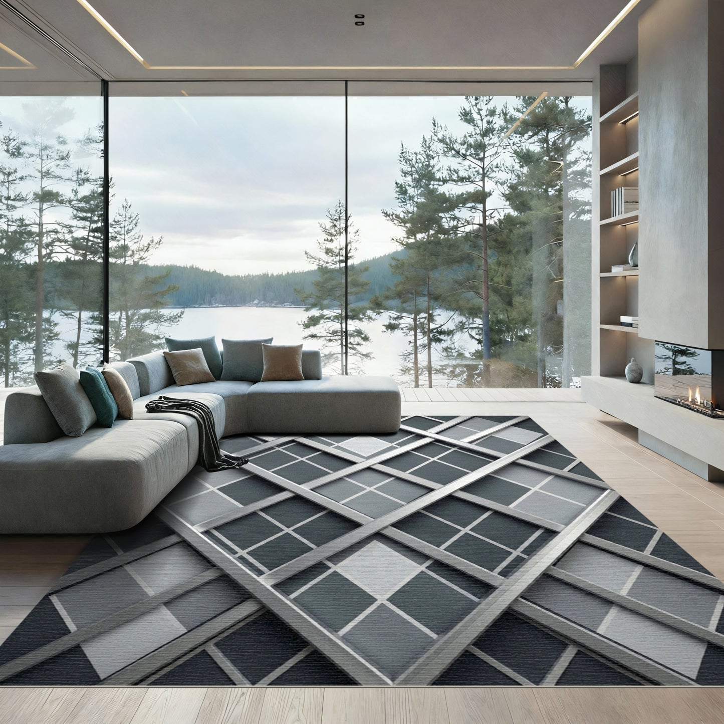 Modern Silver Geometric Diamond Grid Rug