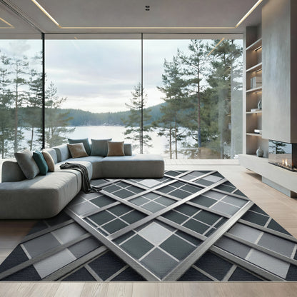 Modern Silver Geometric Diamond Grid Rug