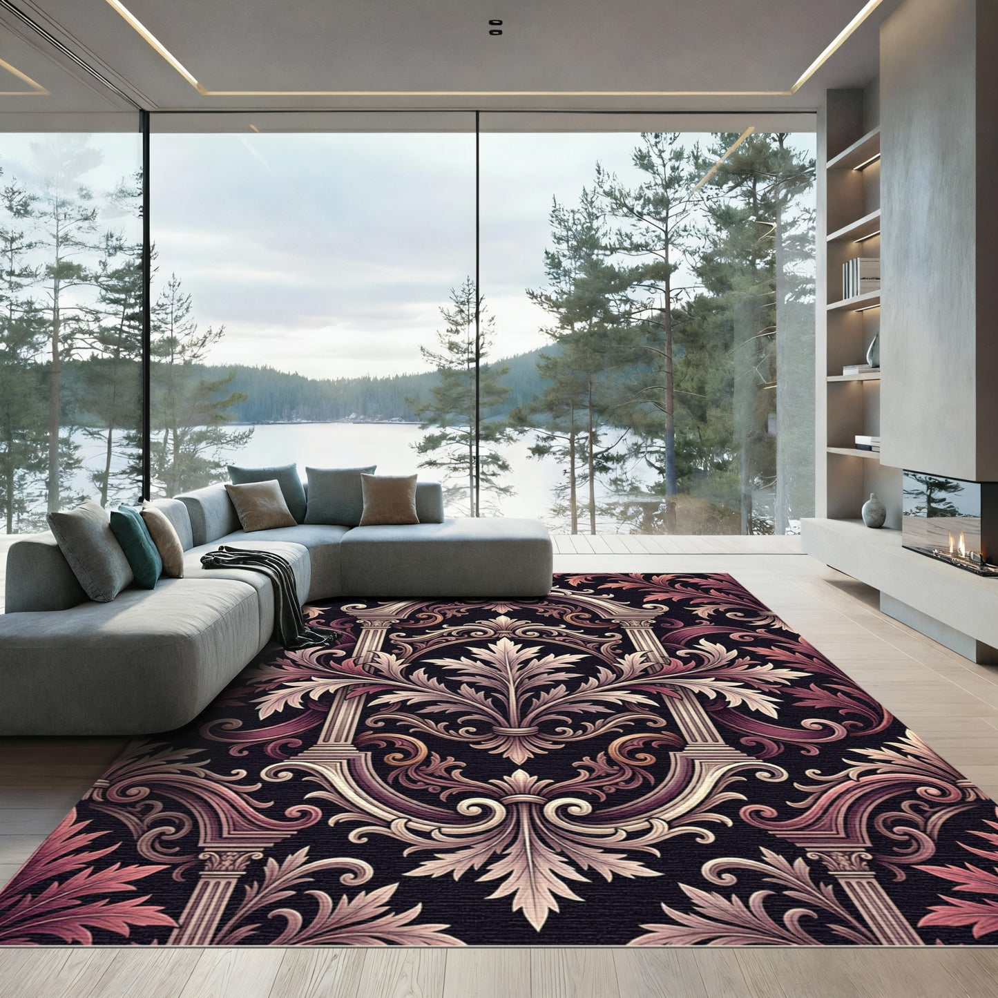 Elegant Victorian Damask Dusty Rose Filigree Rug