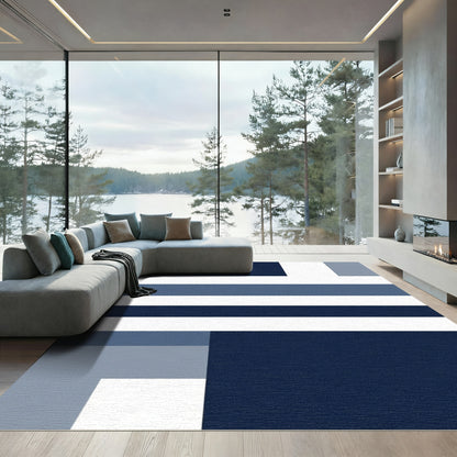 Abstract Navy Blue Striped Geometric Rug