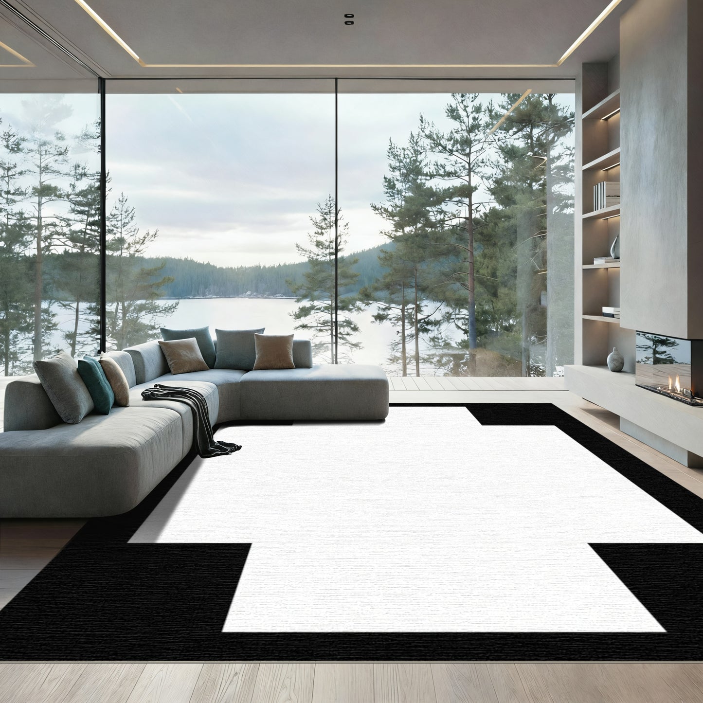 Bold Black and White Geometric Cross Rug
