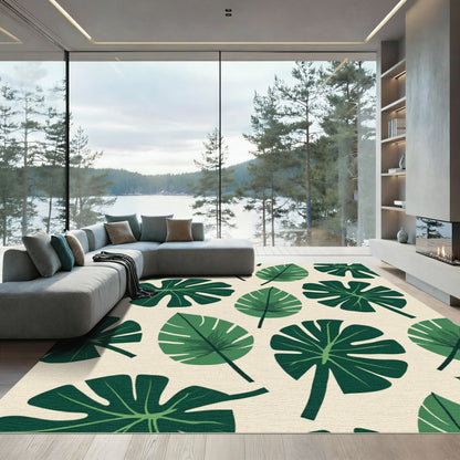Emerald Green Tropical Leaf Pattern Rug