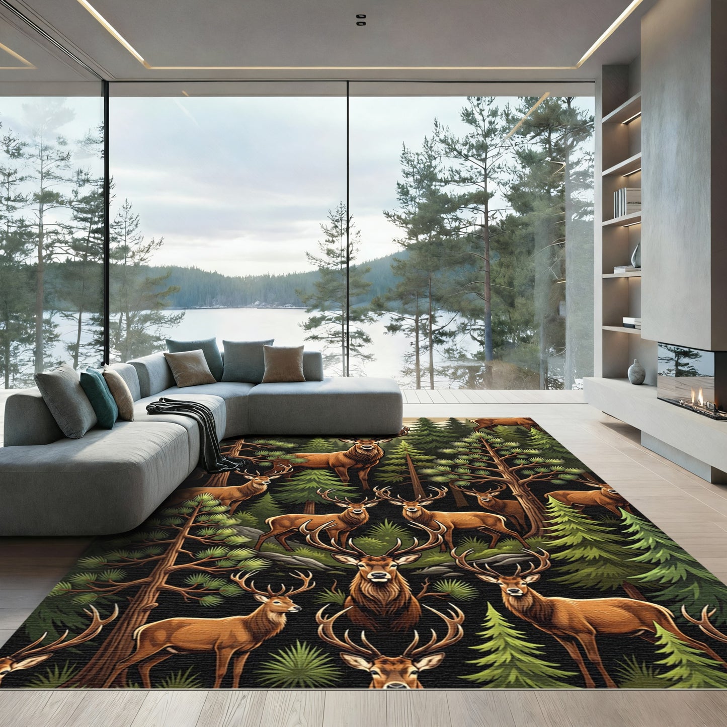 Majestic Forest Deer Woodland Scene Rug