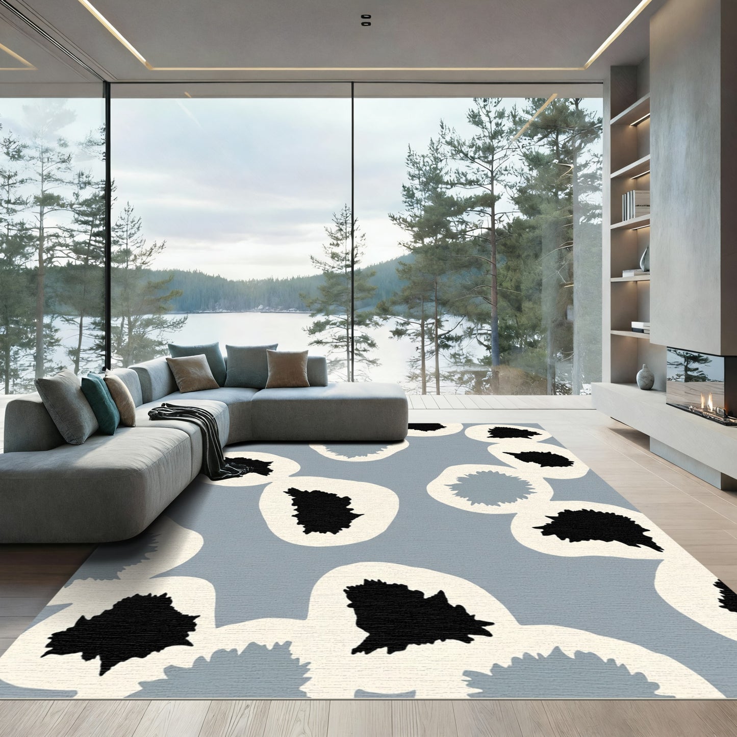 Soft Gray Black Organic Blobs Rug