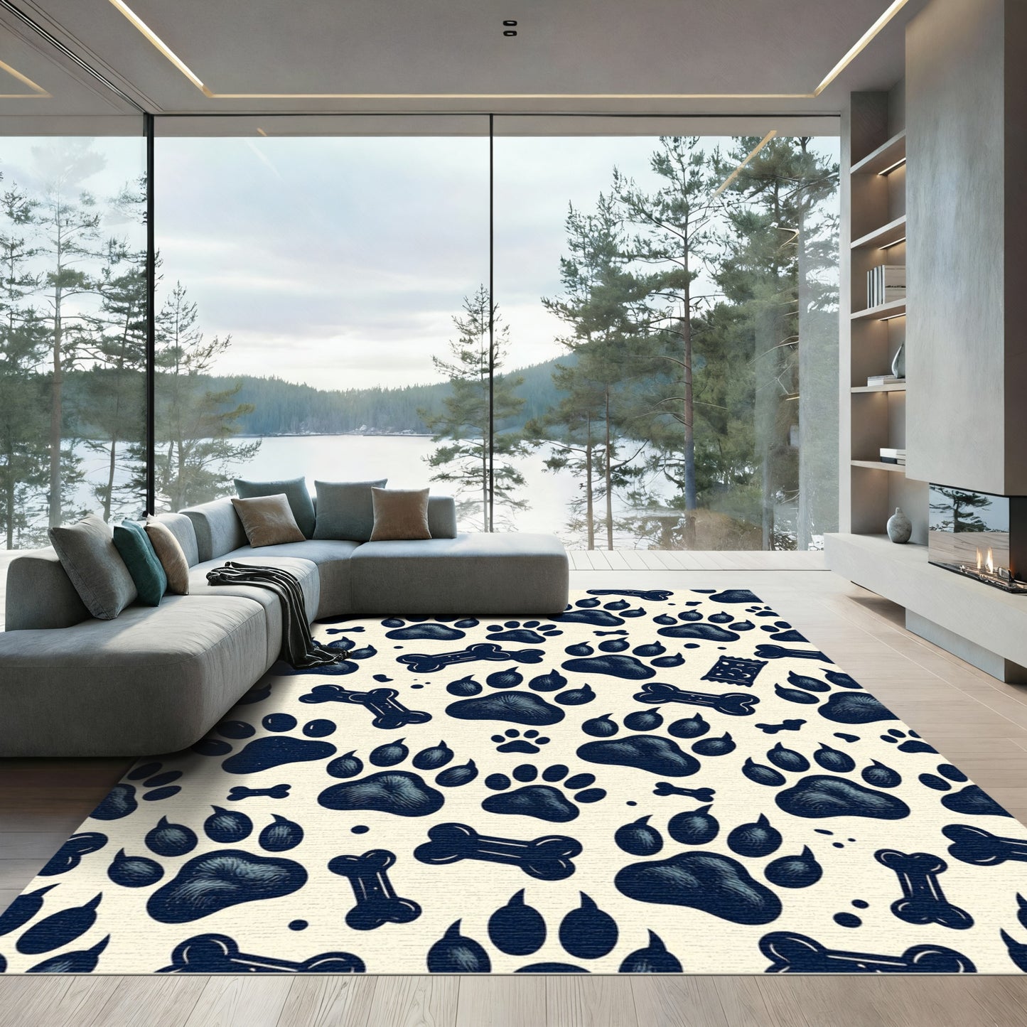 Dark Navy Paw And Bone Illustration Rug