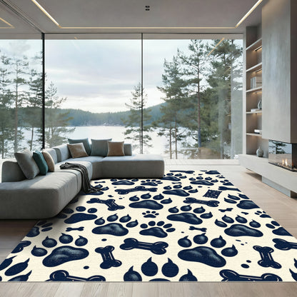 Dark Navy Paw And Bone Illustration Rug