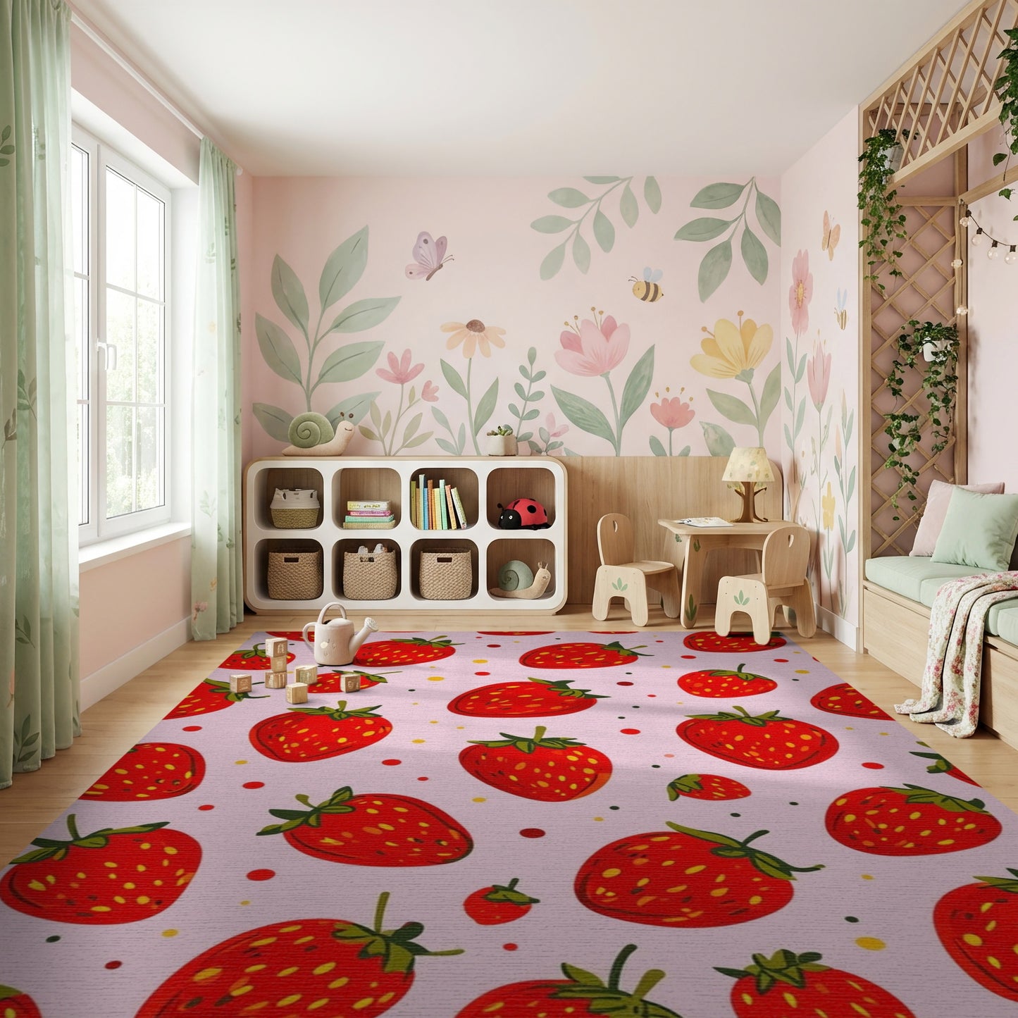 Whimsical Pink Strawberry Yellow Dots Rug