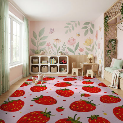 Whimsical Pink Strawberry Yellow Dots Rug