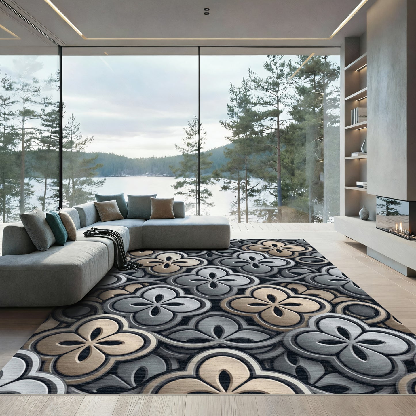 Sophisticated Gray and Champagne Floral Trellis Rug