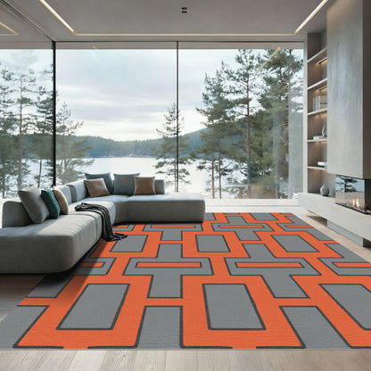 Bold Orange And Gray Geometric Grid Rug