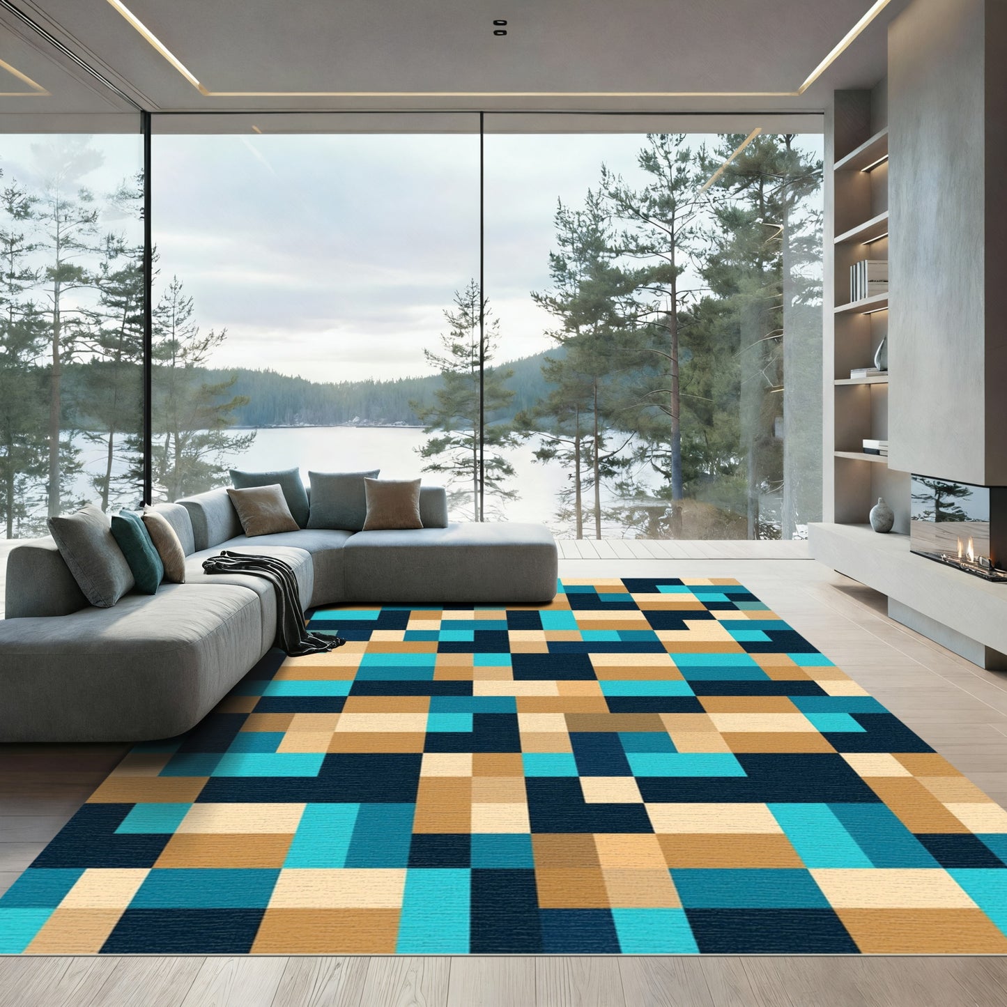 Geometric Blocks Teal Tan Indigo Rug