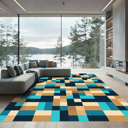 Geometric Blocks Teal Tan Indigo Rug