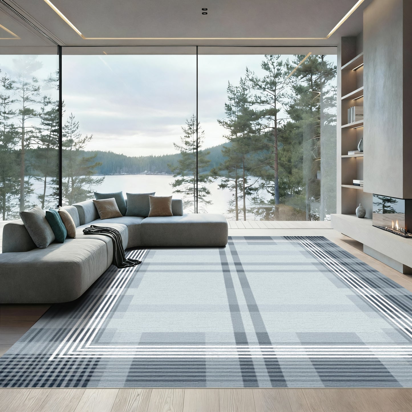 Pale Blue Plaid Frame Rug