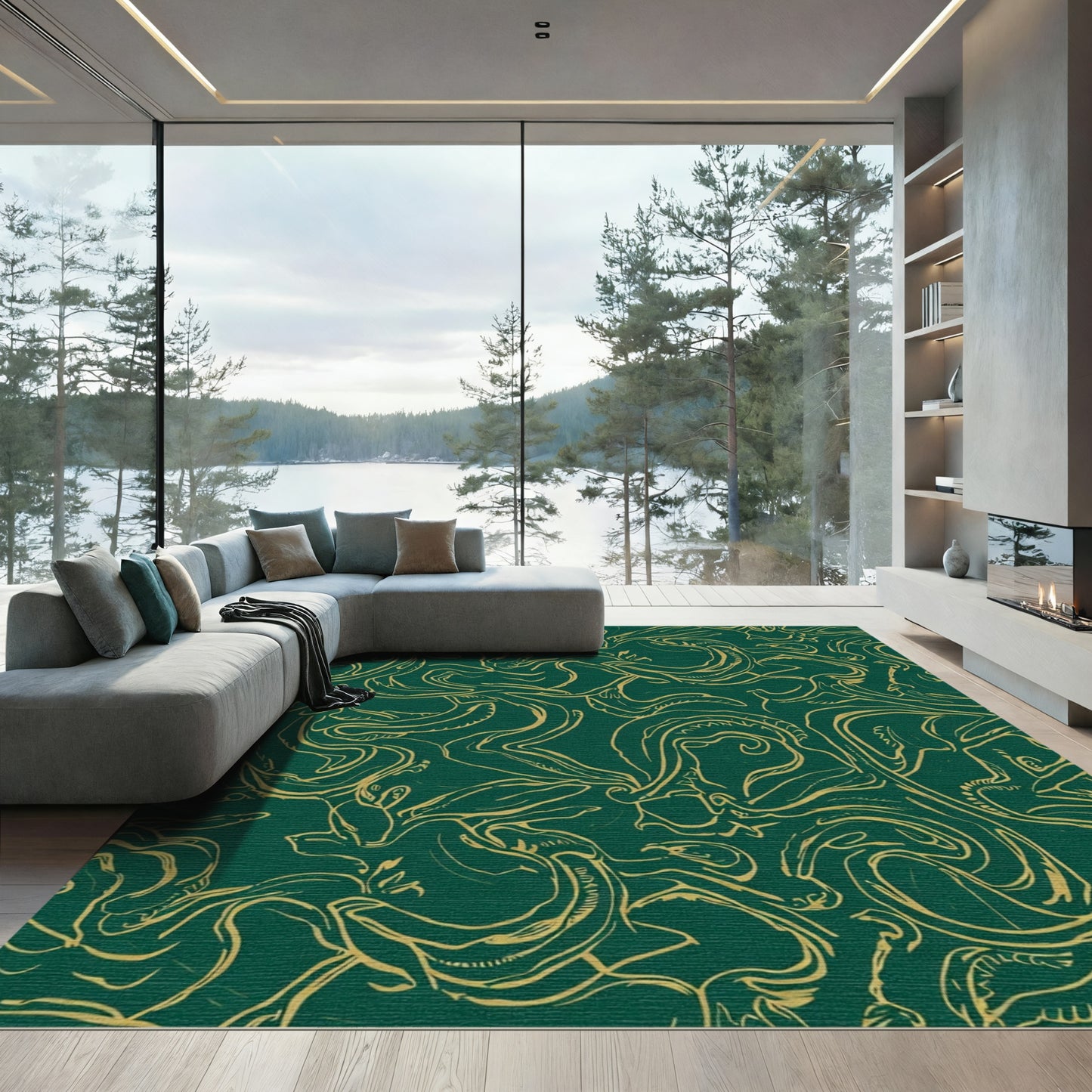Emerald Gold Linework Creatures Rug
